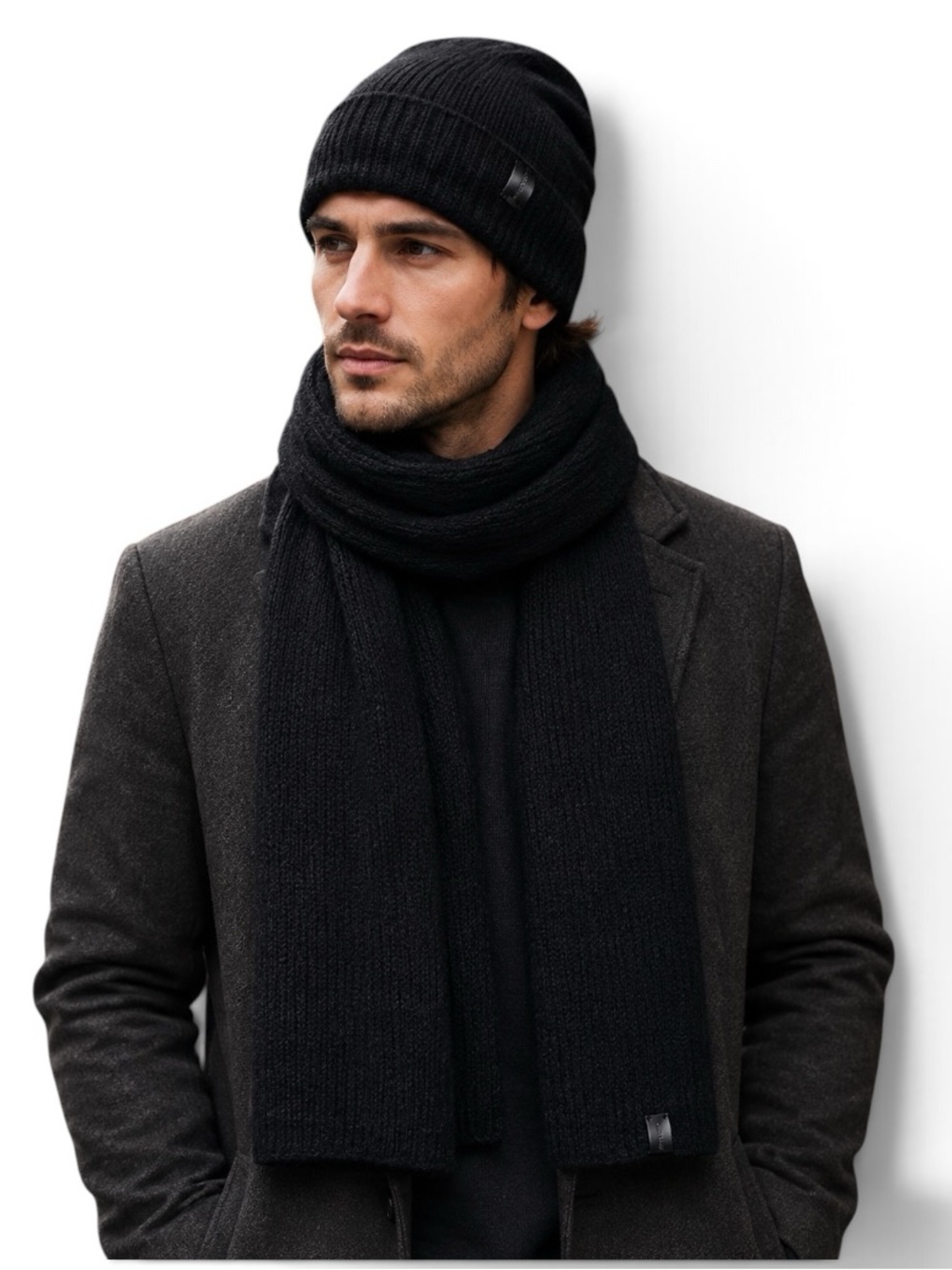 AllSaints Fuzzy Knit Beanie & Scarf 2-Piece Set Black NWT Without Box